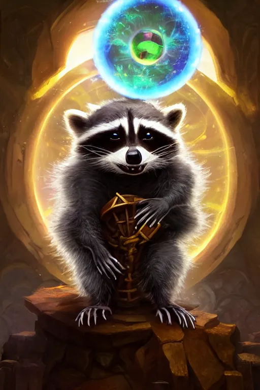 Image similar to closeup 3 5 mm anthropomorphic sorcerer raccoon casting a spell in a castle, d & d, fantasy, intricate, action pose, particle effects, highly detailed, digital painting, artstation, concept art, matte, sharp focus, volumetric lighting, illustration, hearthstone, art by artgerm, wlop, greg rutkowski and alphonse mucha