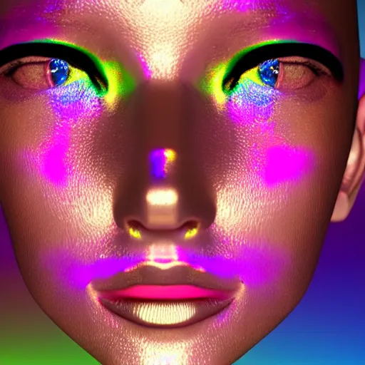 Image similar to 3d render of holographic human robotic head made of glossy iridescent, surrealistic 3d illustration of a human face non-binary, non binary model, 3d model human, cryengine, made of holographic texture, holographic material, holographic rainbow, concept of cyborg and artificial intelligence