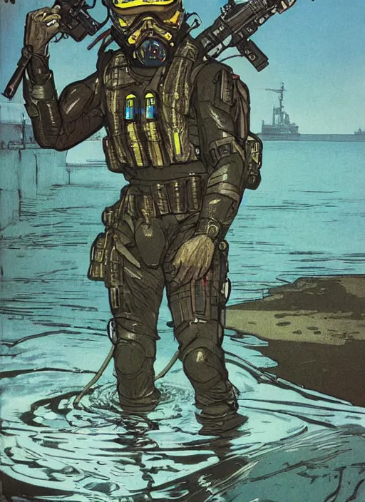 Prompt: Hector. USN blackops operator emerging from water at the shoreline. Operator wearing Futuristic wetsuit and looking at an abandoned shipyard. Frogtrooper. rb6s, MGS, and splinter cell Concept art by James Gurney, Alphonso Mucha. Vivid color scheme.