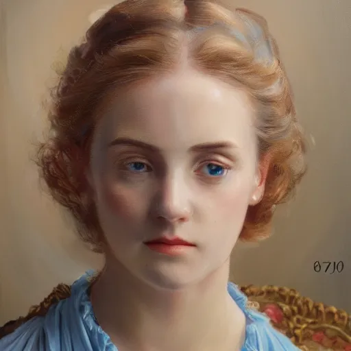 Prompt: portrait painting of a young lady in a light blue dress 1 9 0 0 s entire face shown in great detail, looking at the camera, full body in camera, blonde hair, garden, photorealistic, extreme detail, sharp focus, 8 k, intricate, hyper detailed, realistic, cinematic lighting