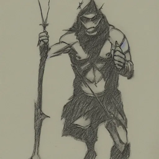 Prompt: A blind fishman holding a spear in a dark cave. Pencil drawing. Black and white. Mike Mignola.