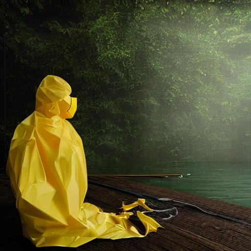 Image similar to photo studio with rainforest and foggy background. fisherman in yellow balenciaga cloth, plastic bag and black mask. photorealistic high resolution, redshift render, 8 k