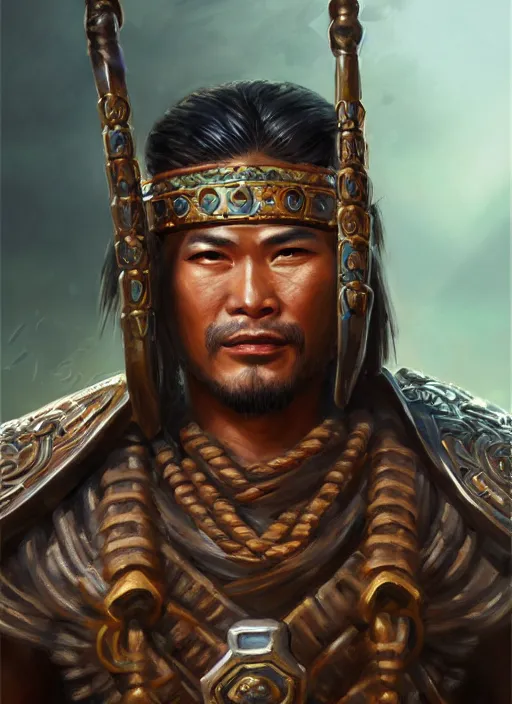 Image similar to smart tai warlord, closeup portrait, historical hero, ethnic group, khmer costume, bronze headset, intricate, with leather armor cross on bare chest, elegant, loin cloth, highly detailed, oil painting, artstation, concept art, matte, sharp focus, illustration, hearthstone, art by earl norem