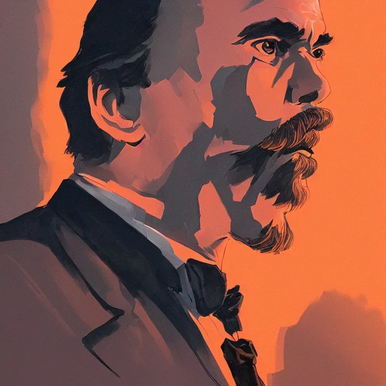 Image similar to Stunning Portrait of Friedrich Nietzsche in his Suit, chiseled Jawline and serious Look, in the Style of Artgerm and Ross Draws and Mike Mignola and Atey Ghailan, neon rim light, hard shadows, colorful, plain background, trending on artstation