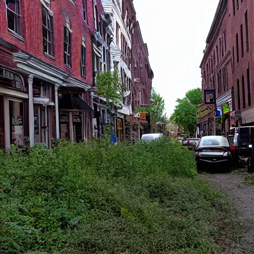 Prompt: main street in northampton, ma overgrown after 5 0 0 years since the apocalypse