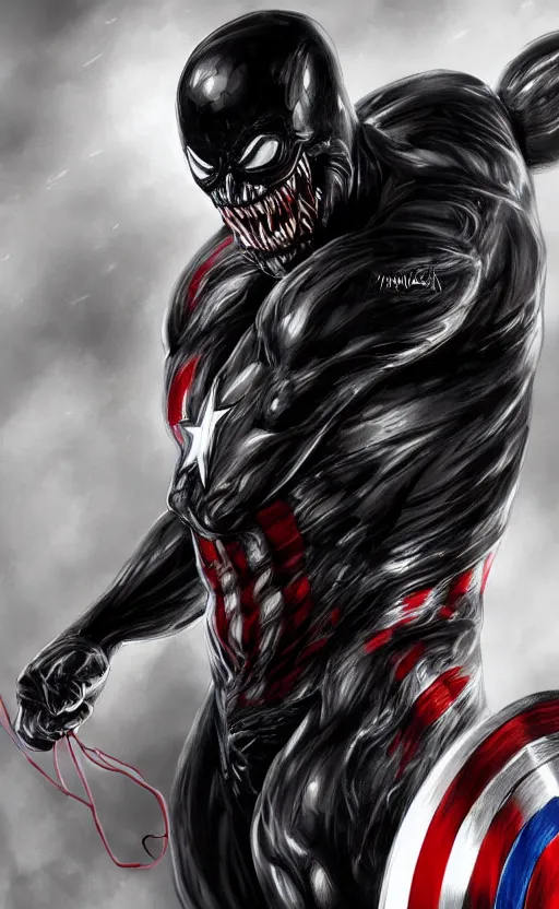 Prompt: full body portrait of venom as captain america, dynamic lighting, cinematic, ultra detailed, trending on art station, stunning visuals, creative, fantasy concept art