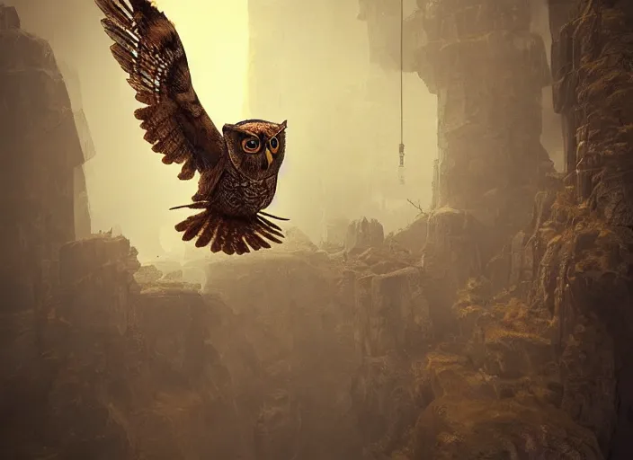 Image similar to a flying Warrior owl art nuveau, steampunk, symmetry, cinematic lighting , unreal engine,