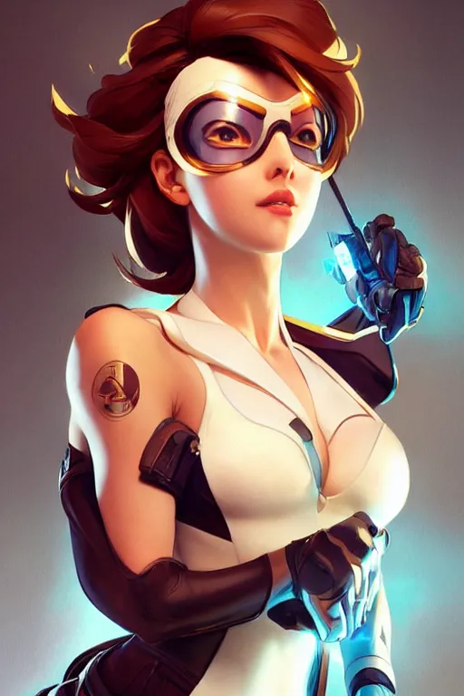 Prompt: pinup of tracer from overwatch, elegant, high detail, backlit, smooth, sharp focus, soft light, art by artgerm and greg rutkowski and alphonse mucha