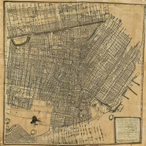 Prompt: 1 7 th century map of manhattan, ink on parchment