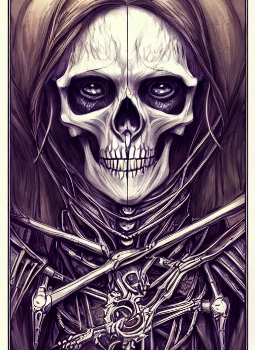 Prompt: tarot portrait of a resurrected skeleton, macabre, scary, armor, dark fantasy, by rossdraws, card border