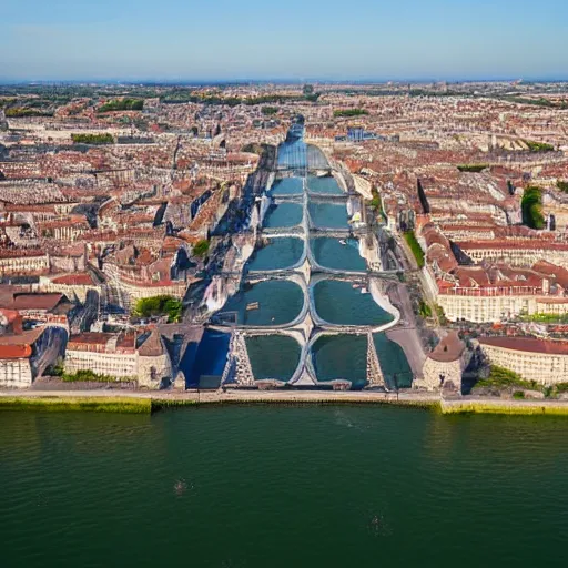 Image similar to aerial view of bordeaux, art concept, architectural, coherent, you can see the river and most known monuments, tropical mood, water is like a lagoon