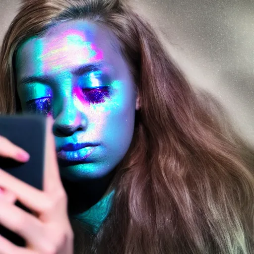 Image similar to girl takes selfie with ghost spirit, iridescent metallic colors, dark eerie photo vibes