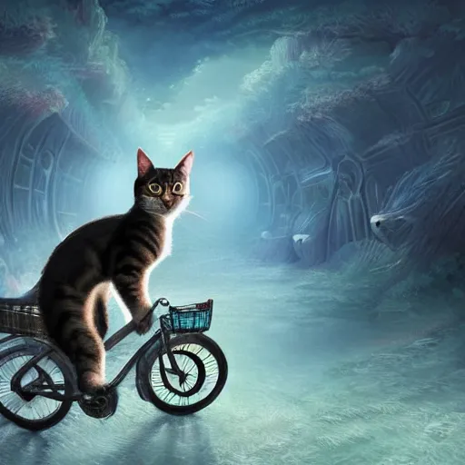 Prompt: fantasy book cover artwork of a cat riding a bicycle, ultradetailed, wallpaper, 4k, prismatic