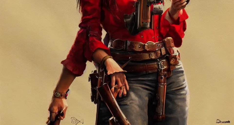 Image similar to a woman in a red wild west dress holding a shotgun, realistic painting by drew struzan, anatomically correct, beautiful, soft lighting, artstation