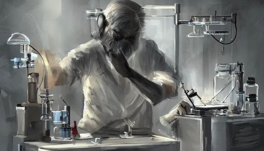 Image similar to concept art of a scientist creating a new specie in laboratory by jama jurabaev, very long shot, brush hard, artstation, high quality, brush stroke