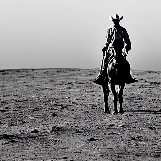 Image similar to a cowboy on horseback on the moon, earth in the distant sky, 5 0 mm