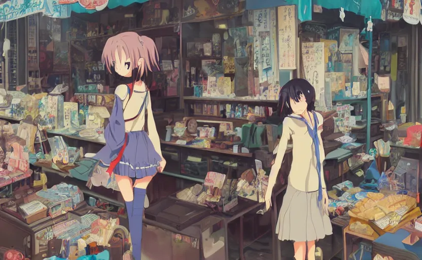 Prompt: An anime girl walking through a flea market, browsing the stalls, anime scenery by Makoto Shinkai, digital art