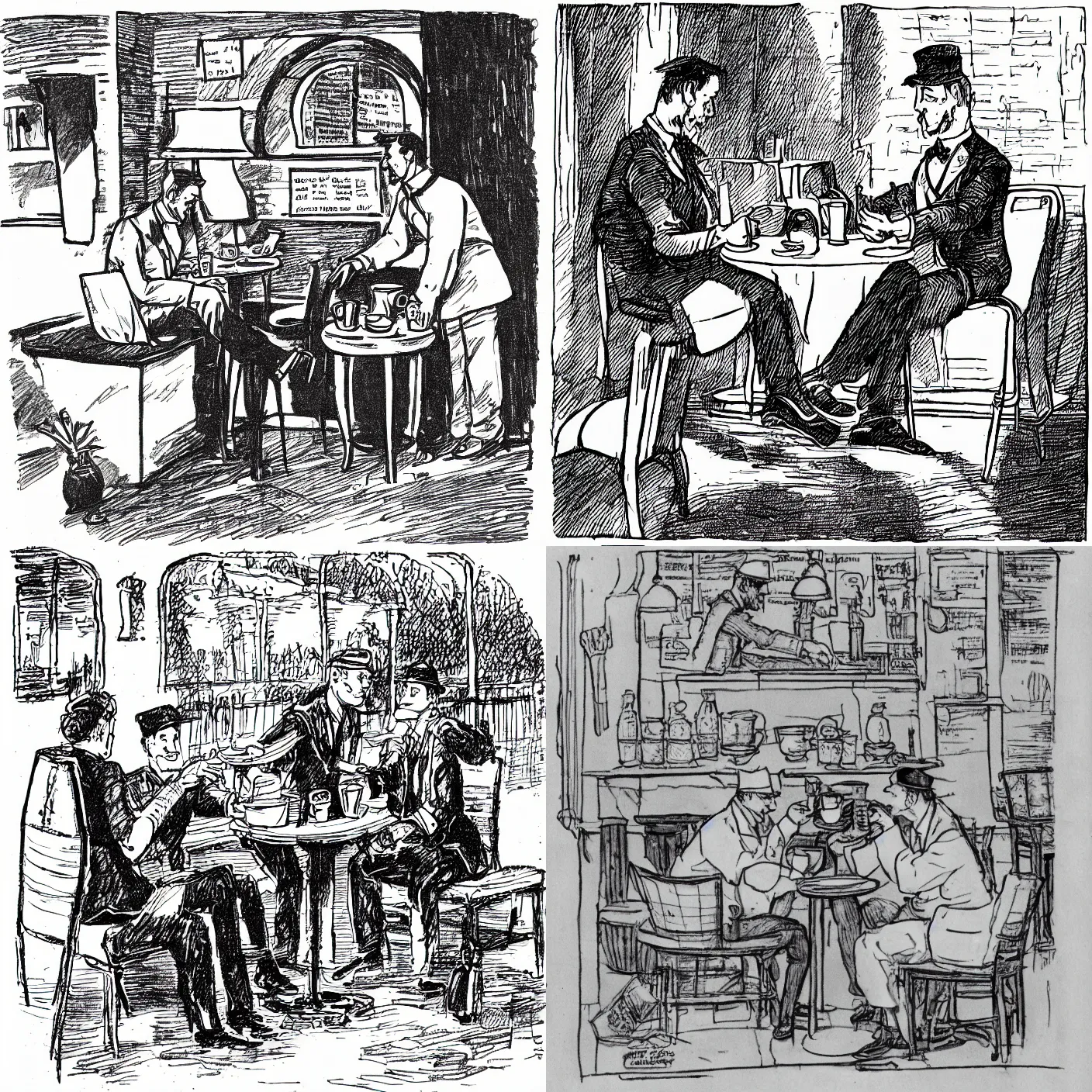 Prompt: a waiter serving coffee to a man seating. line drawing. vignette. newspaper drawing style. detailed. hq.