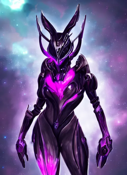 Image similar to cinematic bust shot, cosmic sized perfectly proportioned stunning beautiful hot female warframe, detailed mecha female dragon head, metal ears purple eyes, sleek silver armor, fuschia skin, floating in empty space, nebula sized, posing elegantly, epic proportions, epic size, epic scale, furry art, dragon art, giantess art, warframe fanart, furaffinity, deviantart