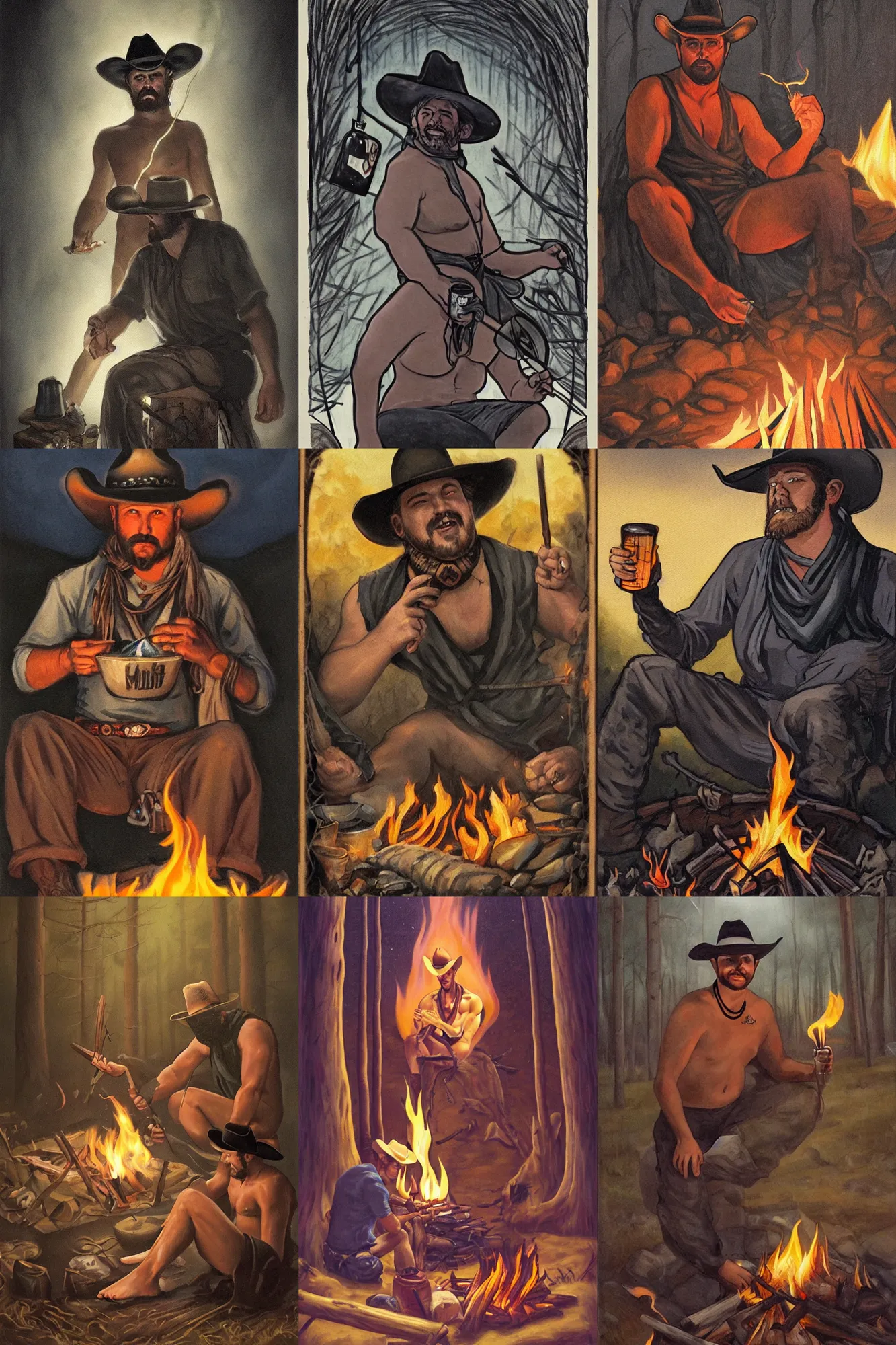 Prompt: a dark ethereal painting of a handsome thicc shirtless man wearing a cowboy hat and a bandana around his neck sitting behind a campfire at night. in front of the campfire is an assortment of food and beverages. the man is smirking mischievously. tarot card, art deco, art nouveau. trending on artstation.