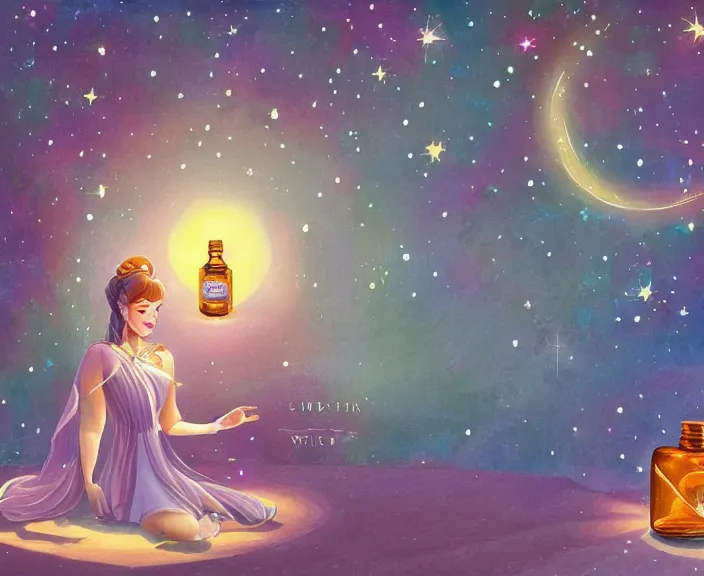 Image similar to an illustration of the spiritual goddess of essential oils, with starry dusted light and a moon, small bottles of oil, in the style of a disney princess, high contrast, highly detailed, sharp focus, digital painting, illustration, trending on artstation,