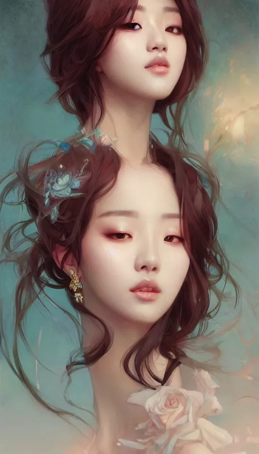 Prompt: portrait of kpop idol, dreamy and ethereal, expressive pose, fierce expression, intricate, rose tones, highly detailed, digital painting, artstation, concept art, smooth, sharp focus, illustration, art by artgerm and greg rutkowski and alphonse mucha
