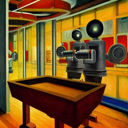 Image similar to engine room, turbines, robot repairmen, reactor core, grant wood, pj crook, edward hopper, oil on canvas