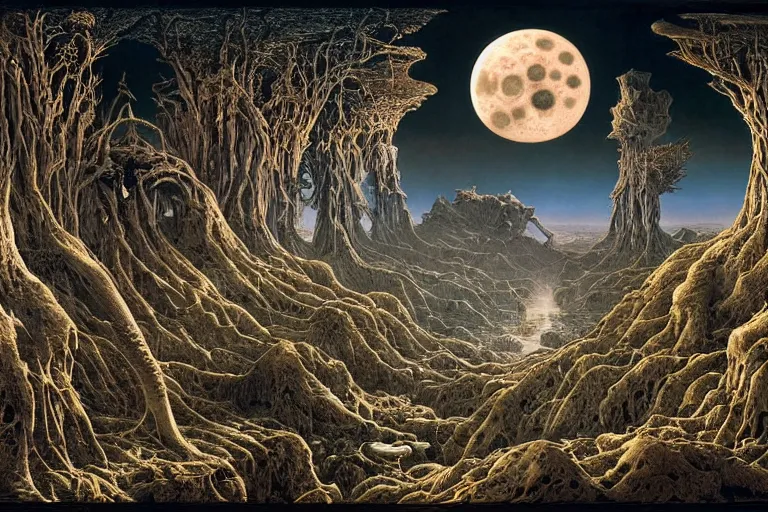 Prompt: a surreal and awe - inspiring science fiction landscape, full moon like skull, intricate, elegant, highly detailed matte painting by ernst haeckel and mark brooks