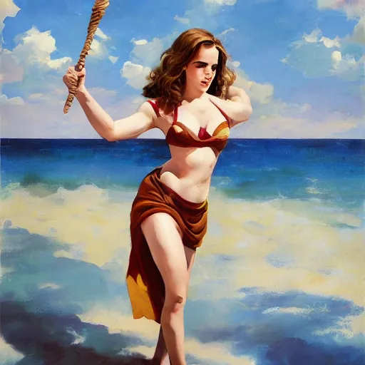 Image similar to pinup art of emma watson as hermione granger in a beach, artwork by greg manchess, medium shot, asymmetrical, organic painting, sunny day, matte painting, bold shapes, hard edges, street art, trending on artstation, by huang guangjian and gil elvgren and sachin teng 1 9 5 6