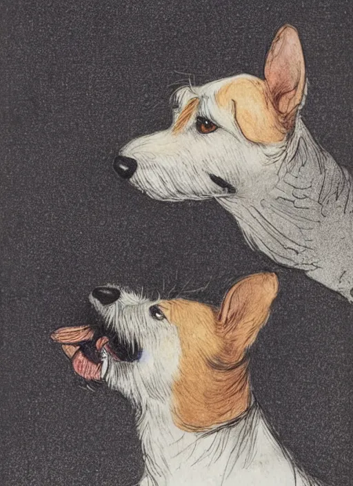 Image similar to candid portrait of jack russel dog sad mouth open, night sky, highly detailed, side view, illustrated by peggy fortnum and beatrix potter and sir john tenniel