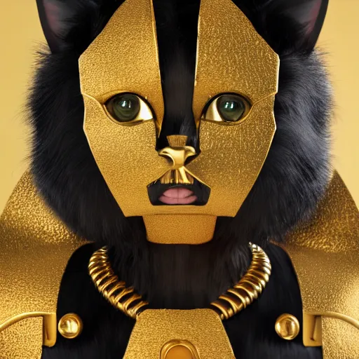 Image similar to a black cat wearing a gold armor outfit, a character portrait by hanns katz, shutterstock contest winner, afrofuturism, sci - fi, 3 d render