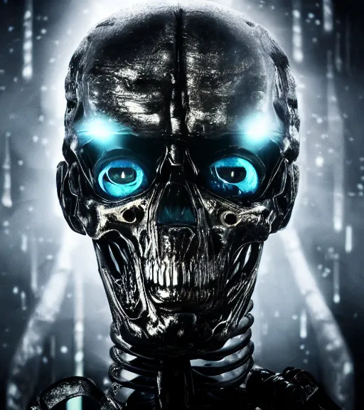 Image similar to profile picture of terminator with red eyes, surrounded by beams of light dark background by wayne barlow, stanley donwood, anton semenov, zdzislaw bekinski, hr giger, 8 k, fantasy, dark, highly detailed