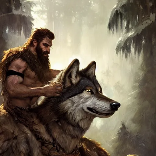 Image similar to portrait of a gruff ranger with wolf companion, muscular, upper body, hairy body, D&D, fantasy, intricate, elegant, highly detailed, digital painting, artstation, concept art, matte, sharp focus, illustration, art by Artgerm and Greg Rutkowski and Alphonse Mucha