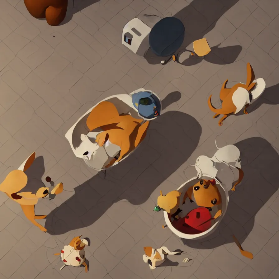 Image similar to Goro Fujita illustrating a dog looking down from the top of the sofa at his food bowl, art by Goro Fujita, sharp focus, highly detailed, ArtStation