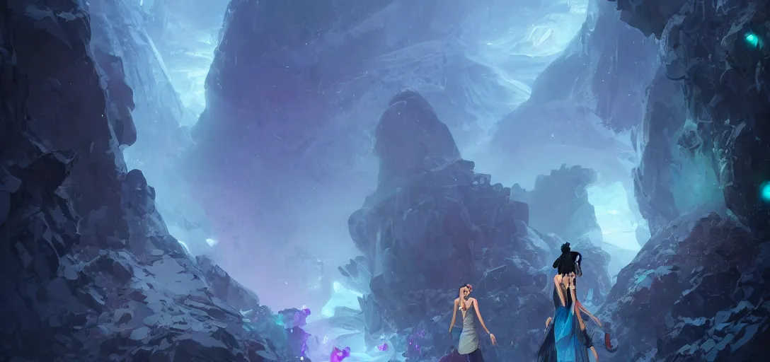 Image similar to Full body portrait of a Himalayan woman in a sleeveless dress,exploring a long sci fi cave with glowing crystals, dark colors, ominous, somber, detailed, by Studio trigger, wojtek fus, by Makoto Shinkai and Ilya Kuvshinov