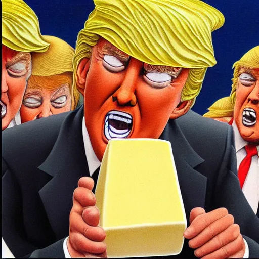 Prompt: a very shifty Donald Trump sneaking around stealing cheese painted by Greg Hildebrandt