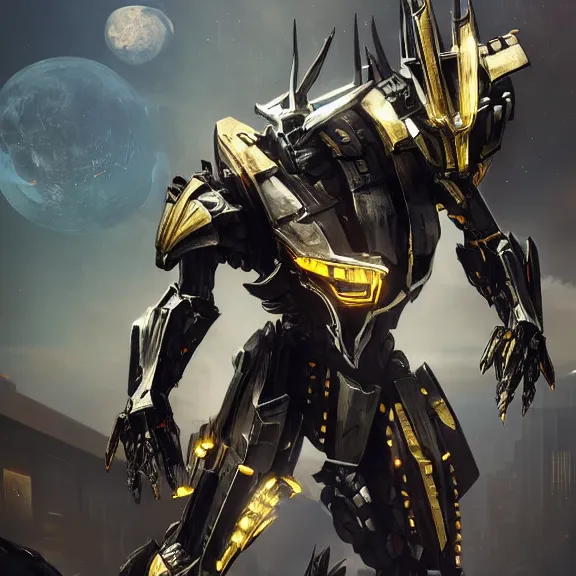 Image similar to cinematic shot, 35 foot tall extremely detailed beautiful handsome quadrupedal western robot mecha dragon, sharp edged black armor, shining gold accents around the edges, sleek OLED blue visor for eyes, four legs, walking in busy neon city streets, sharp claws, epic shot, highly detailed art, sci fi, furry, 3D realistic, warframe fanart, destiny fanart, furry art, dragon art, feral art, macro art, furaffinity, DeviantArt, sofurry