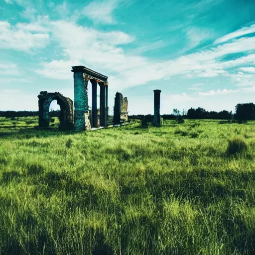 Prompt: grasslands, ruins!! ( ( small town ) ), [ 4 k photorealism ]!!!, trending on unsplash, intricate, zoomed out photography