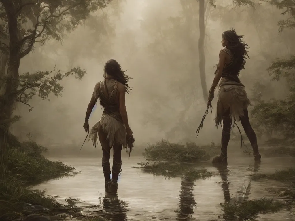 Prompt: hunter woman walking across foggy river, unreal engine 5, art by artgerm and greg rutkowski and alphonse mucha, global illumination, detailed and intricate environment, hyperrealistic, volumetric lighting, epic cinematic shot, perfectly defined features, ambient occlusion