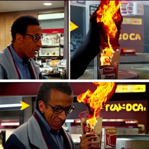 Image similar to Gustavo Fring sets fire to a KFC restaurant