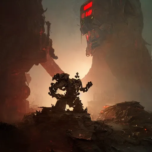 Image similar to Robot warrior, Scary, Fighting, intricate, detailed, volumetric lighting, scenery, digital painting, highly detailed, artstation, sharp focus, illustration, concept art, ruan jia, steve mccurry