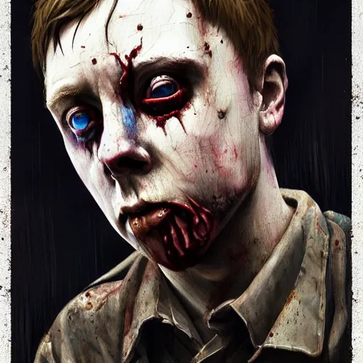 Prompt: young adult bernard sumner of new order as a zombie looking sad, 7 days to die zombie, gritty background, fine art, award winning, intricate, elegant, sharp focus, cinematic lighting, digital painting, 8 k concept art, art by michael hussar, art by brom, art by guweiz and z. w. gu, 8 k