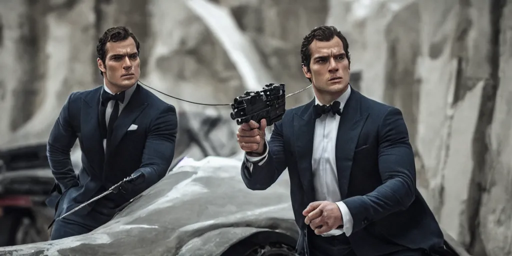 Image similar to henry cavill as james bond, still from latest james bond movie, amazing detail, sony fx 3 cinema line