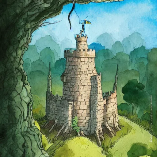 Image similar to laputa castle in the sky robot hayao miyazaki stands in a small clearing among trees, watercolor illustration for a book