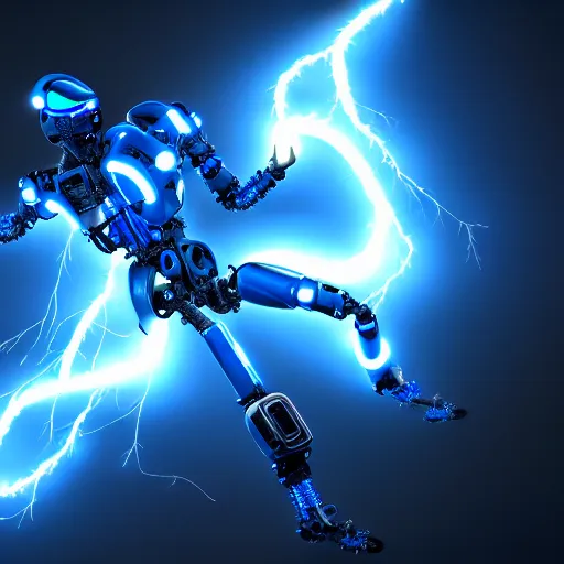 Prompt: photography of a hyper realistic highly detailed complex blue lightnings arround a cyborg. high detail, professional digital art, unreal engine 5 8 k rendering, stunning, artstation