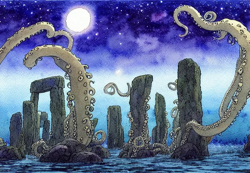 Prompt: a simple watercolor studio ghibli movie still fantasy concept art of stonehenge at the bottom of the ocean. a giant octopus from princess mononoke ( 1 9 9 7 ) is holding large stones. it is a misty starry night. by rebecca guay, michael kaluta, charles vess