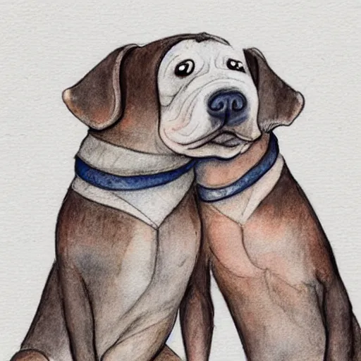 Prompt: detailed whimsical pencil and watercolor illustration of two dogs hugging with eyes shut and happy expressions.