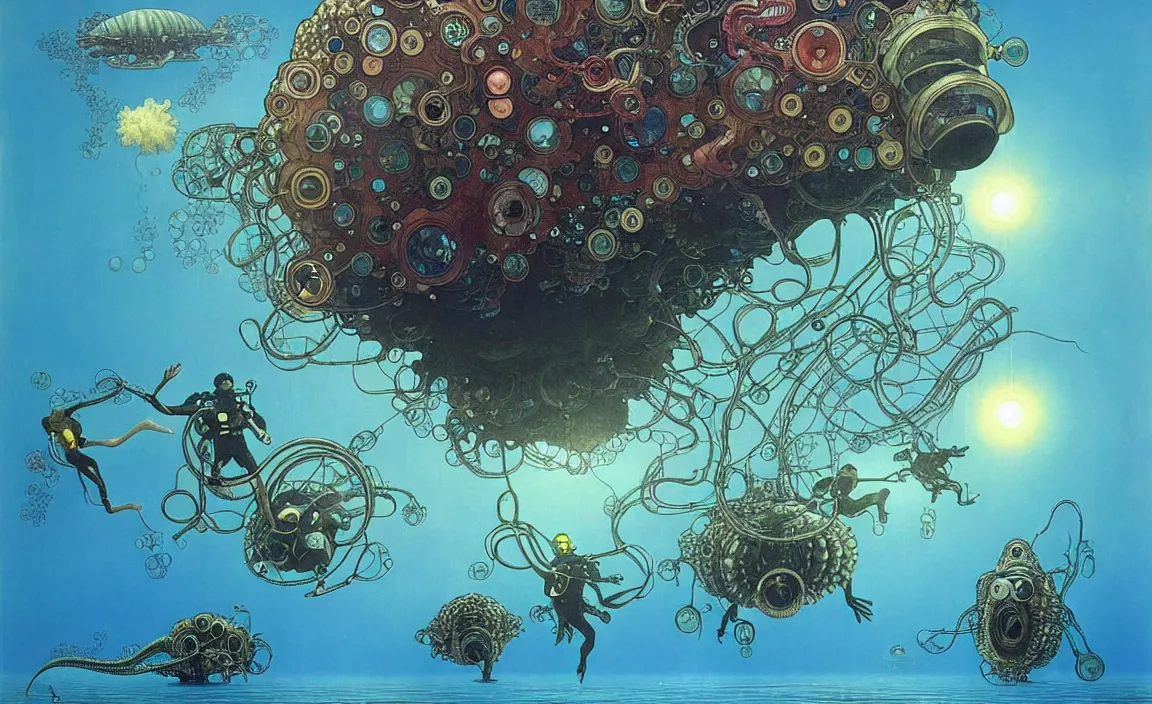 Image similar to afro - futurist scuba divers swimming away from a gigantic alien fish, hyperrealistic digital painting by denis villeneuve, amano, yves tanguy, alphonse mucha, ernst haeckel, max ernst, roger dean