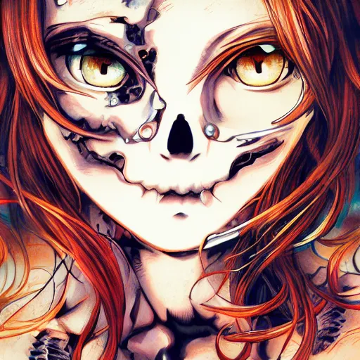 Image similar to anime manga closeup skull portrait girl face detailed highres 4k se Mucha and James Jean pop art nouveau