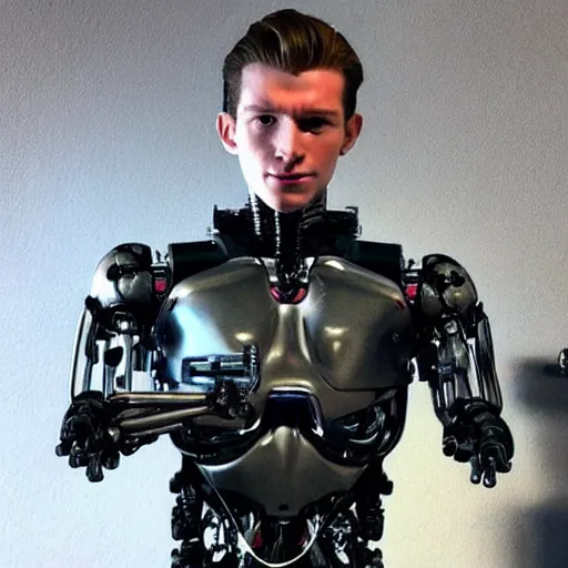 Image similar to “a realistic detailed photo of a guy who is the terminator robot, a cyborg consisting of living tissue over a robotic endoskeleton, who is a male android, Tom Holland, posing like a statue, blank stare”